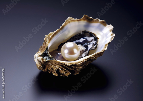 Open oyster shell with white pearl on black background.Macro.AI Generative