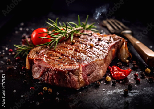 Tomahawk grilled beef steak with rosemary and tomatoes on black.Macro.AI Generative