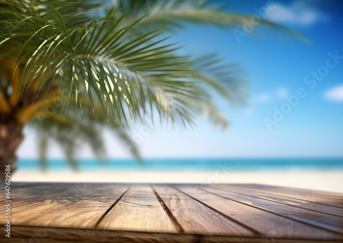 Empty wooden table with sea and palms with blue sky background.Macro.Ai Generative