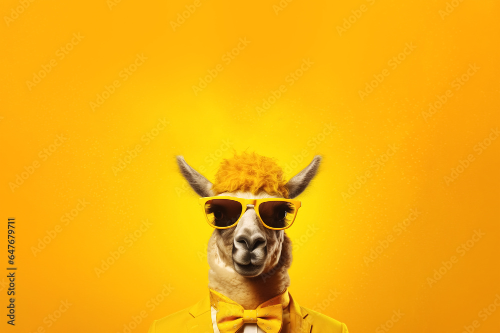 Fototapeta premium trendy llama in sunglasses over yellow background. Generative Ai