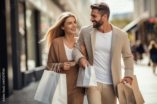 Attractive couple are happy with successful shopping in shopping mall