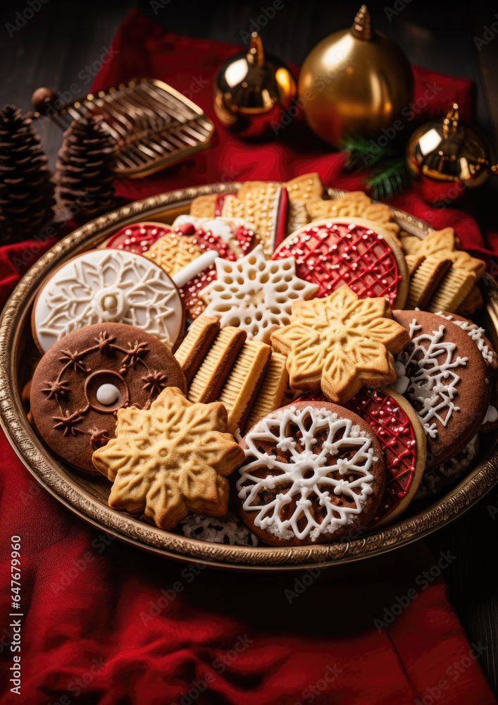 Decorative Christmas Ginger Biscuits with Red and Yellow Icing