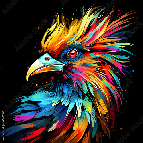 Colorful poster with bird portrait isolated on black background