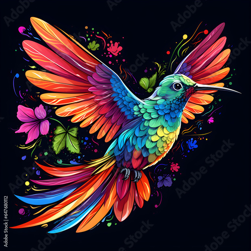 Colorful poster with bird portrait isolated on black background © Oksana