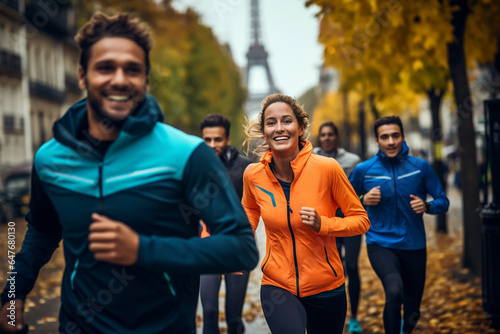 Group people in sportswear, women's and men's running at Paris city in splashes rain. 