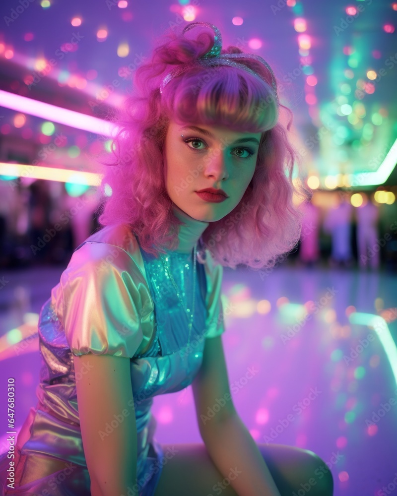 Fototapeta premium A magenta-haired girl radiates retro-futuristic disco vibes as she sits amidst a glittering party of light and clothing