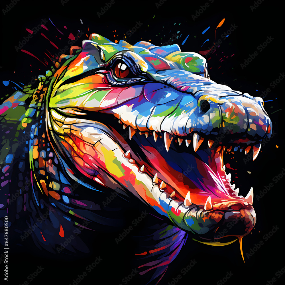 Colorful poster with angry alligator in vector design style isolated on black background