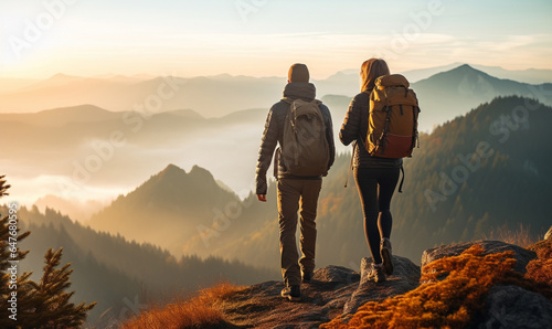 Couple hiker traveling, walking in autumn mountains under sunset, Travel, adventure, relax, recharge concept. 