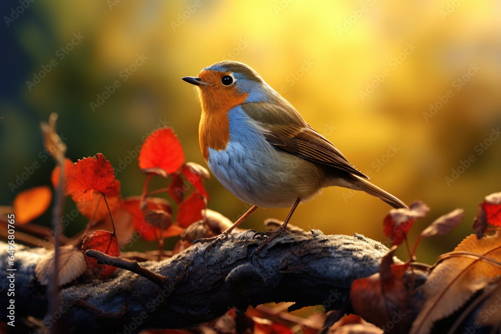 European robin bird in autumn park. Generative AI