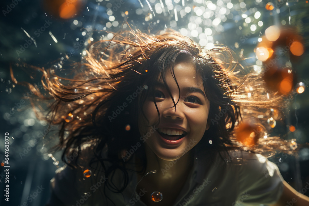 Vibrant depiction of joyful Asian teenage girl performing playful underwater flips in the sea, radiating energy, freedom and youth.