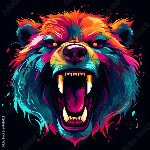 Colorful poster with angry bear portrait isolated on black background