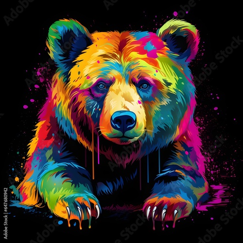 Colorful poster with angry bear portrait isolated on black background © Oksana