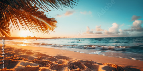 Tropical beach panorama view, coastline with palms, Caribbean sea in sunny day, summer time, Tropical seascape with Palm trees, turquoise sea or ocean.