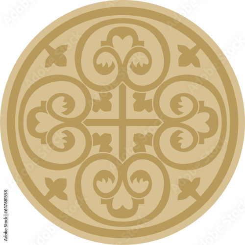 Vector golden round ancient Byzantine ornament. Classical circle of the Eastern Roman Empire, Greece. Pattern motifs of Constantinople..