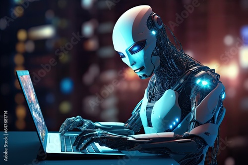 modern robot work on computer in office digital technology illustration
