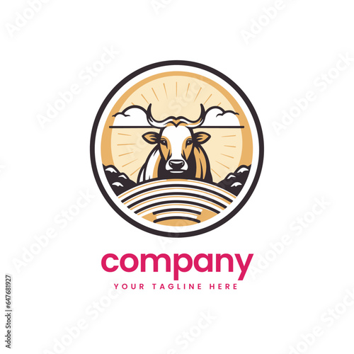round emblem cow cart bull cattle dairy farm pet mascot emblem sports logo illustration icon flat t shirt design