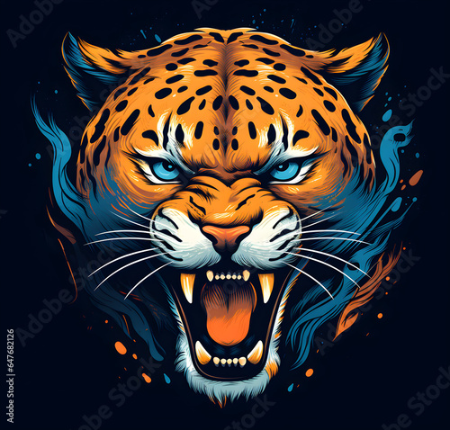 Colorful poster with leopard portrait isolated on black background