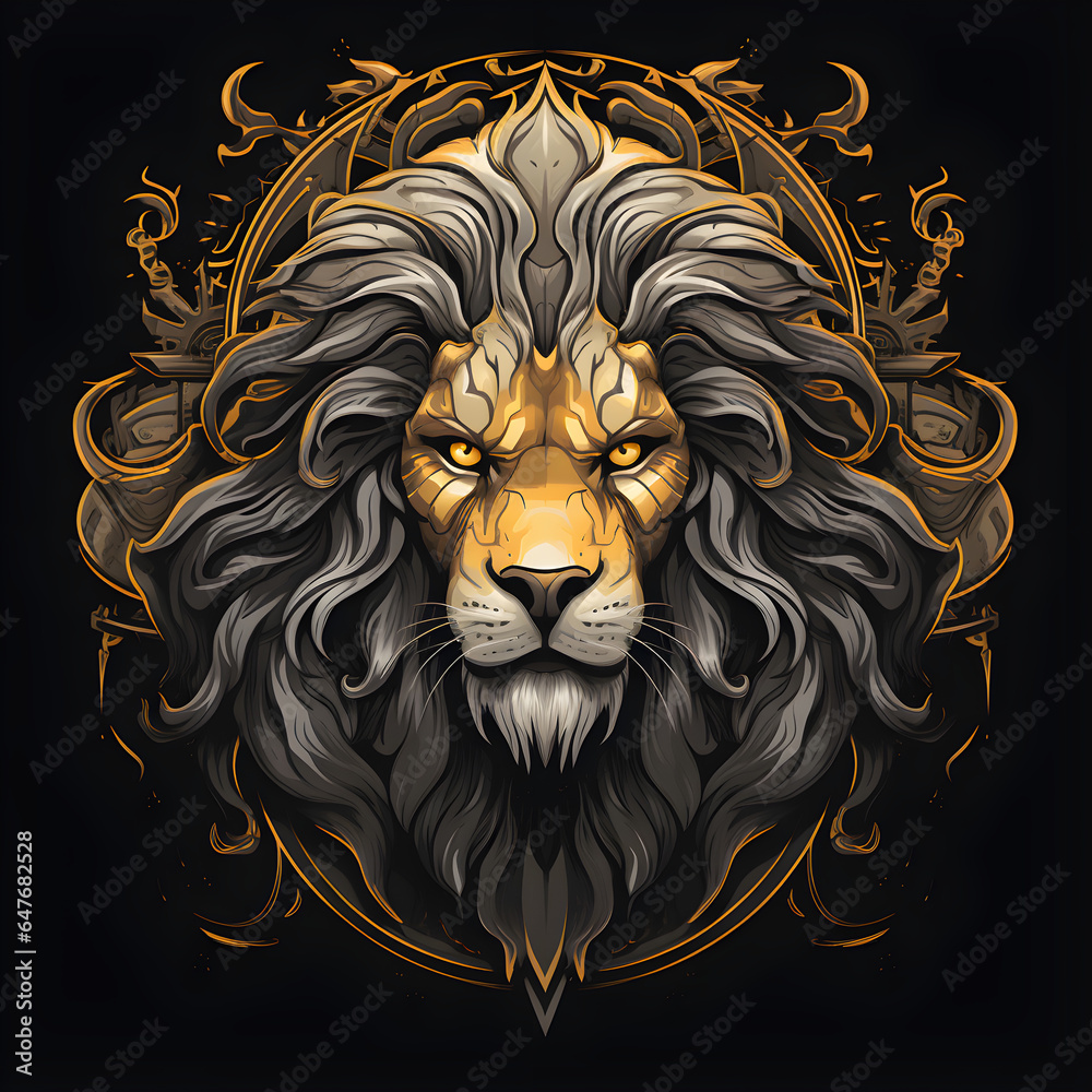 Hand drawn poster with lion portrait isolated on background