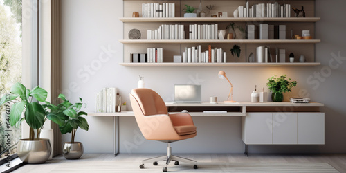 Contemporary furnished home office  comfortable office  workspace with desk and chair  stylish interior design