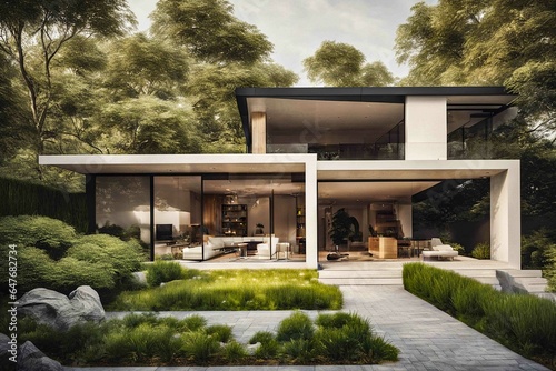 moderne, schöne Häuser mit große Fenster und mit grünem Garten