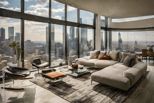 Noble, moderne innenaustattung in einer Stadt, Wohnzimmer mit bequemer chouch, Tisch und großen Fenstern