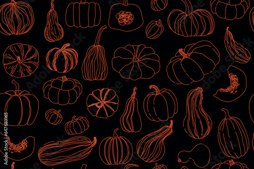 Seamless pattern with pumpkins for Halloween, linear pattern on black background. Vector illustration.