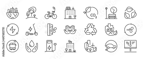 Eco energy friendly city icons set. Concept of energy efficient city with green energy symbols isolated on white background. Vector EPS 10