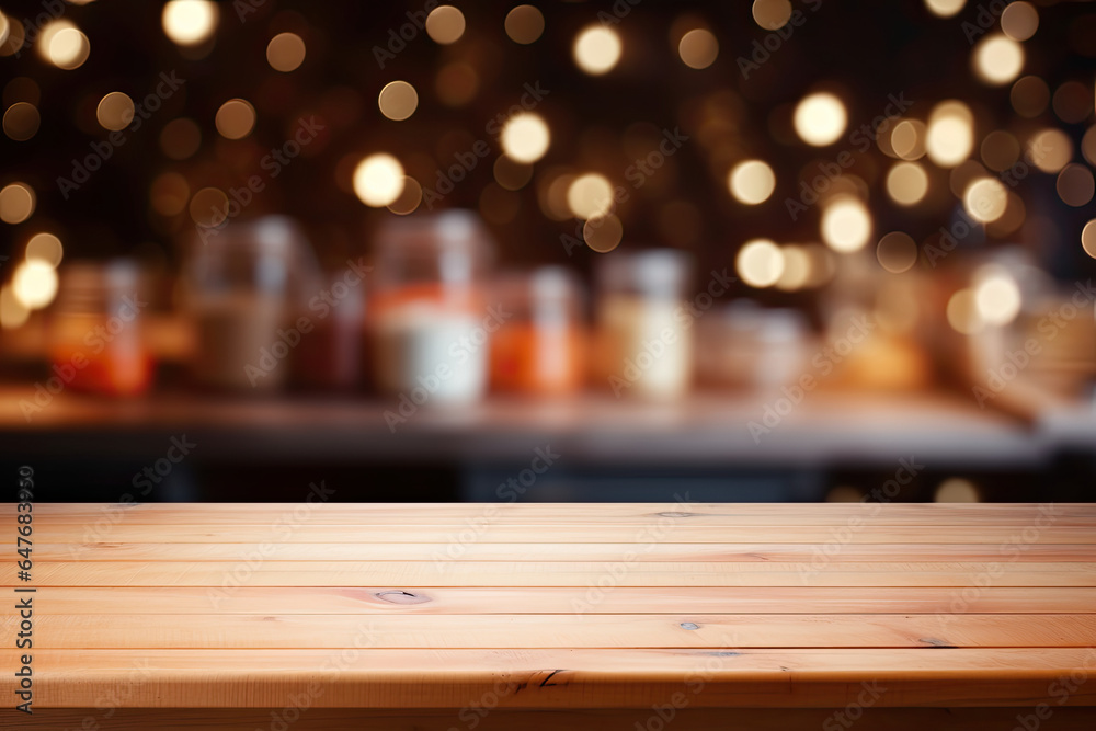 Wooden table on blurred lights background. Empty wooden table and blurred lights background.