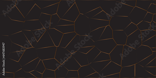 Abstract dark background of polygons in light golden colors.Abstract mosaic background of triangle plates in black colors Geometric backlight decorative background for creative projects.