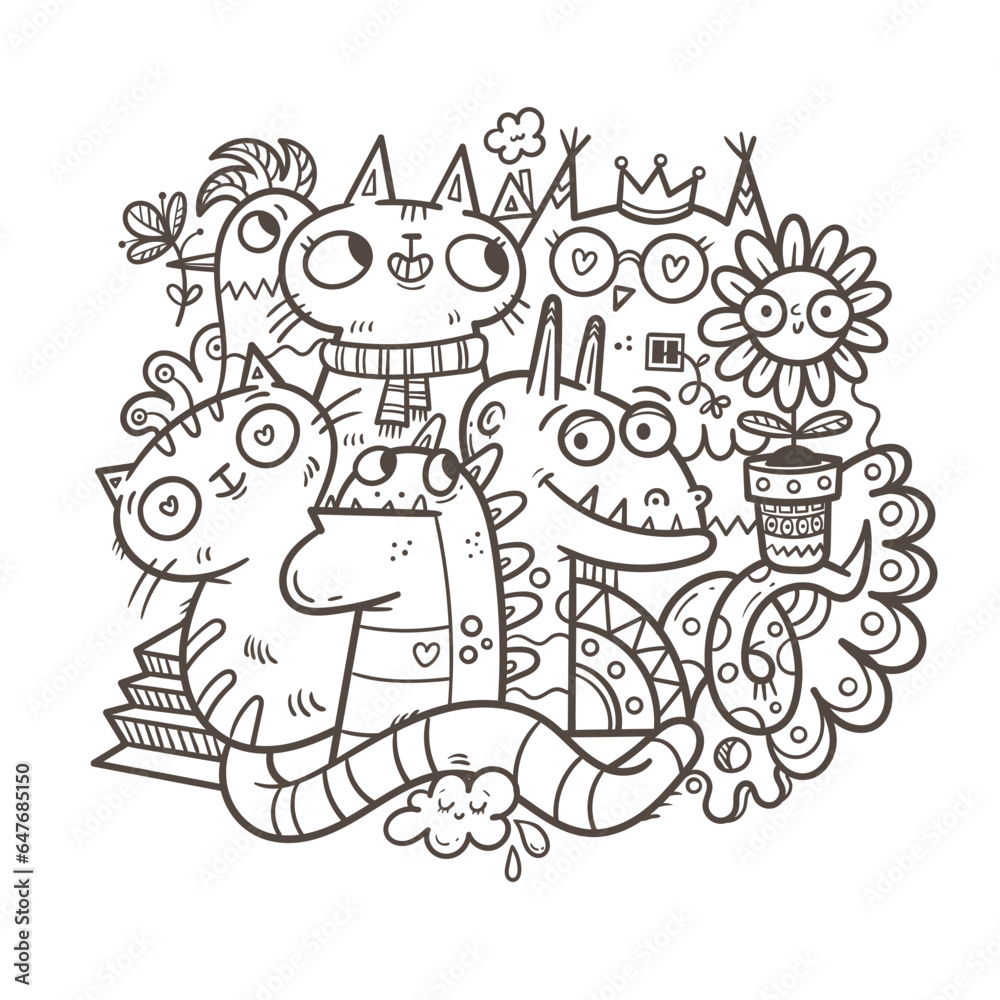 Coloring book antistress with funny creatures. Doodle print with fantasy characters, cats and birds. Line art poster. Illustration for children.