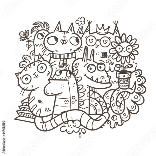 Coloring book antistress with funny creatures. Doodle print with fantasy characters  cats and birds. Line art poster. Illustration for children.