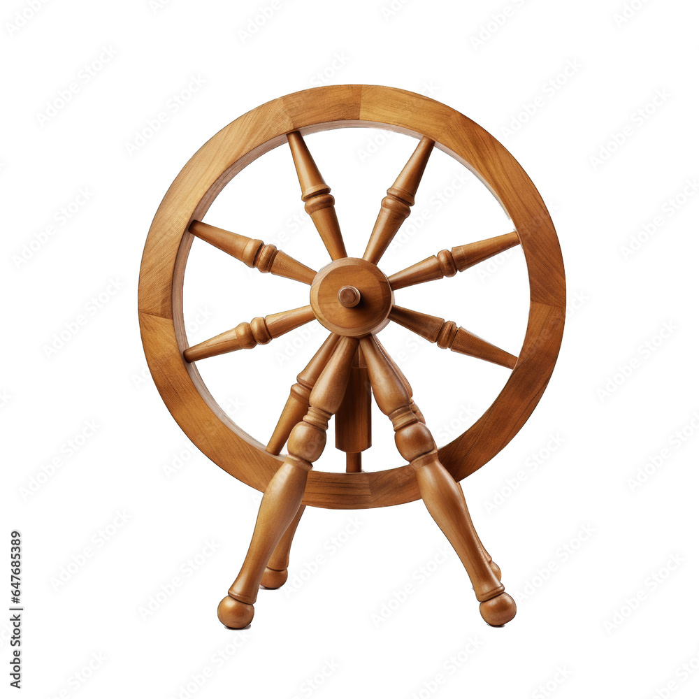 Wooden spinning wheel, wooden toy isolated on transparent background