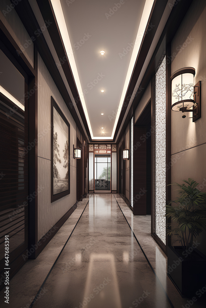 Oriental style hallway interior in luxury house or hotel.