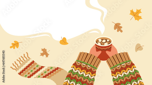 Hands holding a cup of hot drink with marshmallows.Cozy autumn.Knitted sweater and scarf.Hot chocolate, coffee.Banner with copy space.Vector stock illustration.