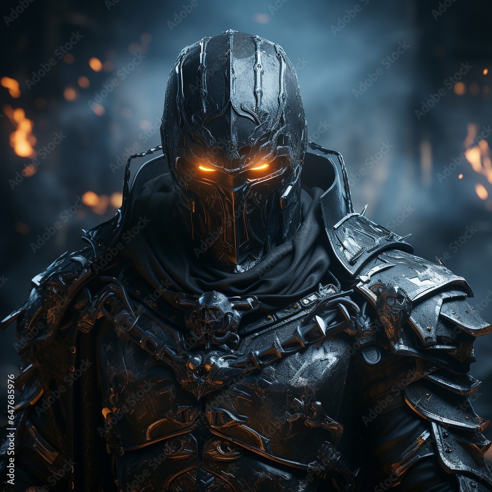 A gloomy mysterious knight in heavy black armor. Cinematic, Hyper - detailed