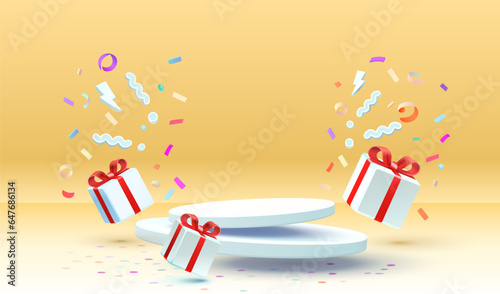 Gift scene mega sale, shopping podium banner, celebration pedestal. Vector illustration
