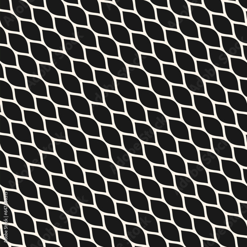 Diagonal mesh seamless pattern. Simple vector black and white geometric texture. Monochrome illustration of wavy net, lattice, grid, mesh structure. Abstract minimal background. Dark repeat geo design