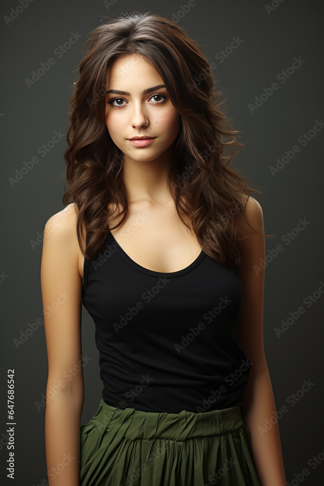 Enchanting slender young woman, demurely dressed in chic mini skirt and sleeveless top, radiates effortless beauty against a plain background. Enchanting slender young woman, demurely dressed in chic mini skirt and sleeveless top, radiates effortless beauty against a plain background.