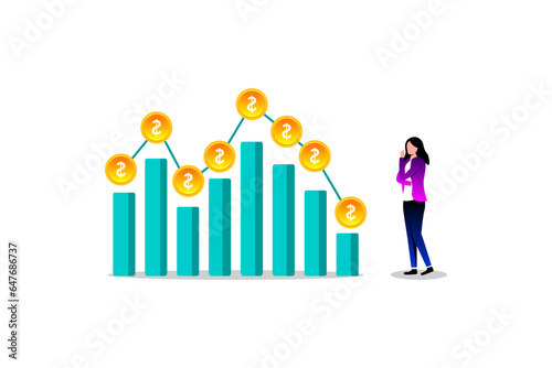 revenue downgrade, income or investment profit, growing income or wealth, down growth chart diagram or savings and investment return concept, businessman thinking money about down graph