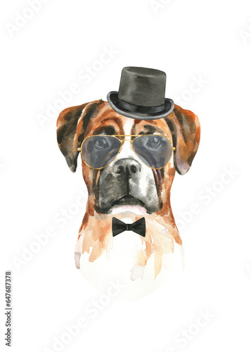 Watercolor dog breed boxer illustration, cute cool dog head hipster portrait in clothes, glasses, top hat, realistic funny dog in costume, classic, peaky blinders, sunglasses print, sticker, baby pup