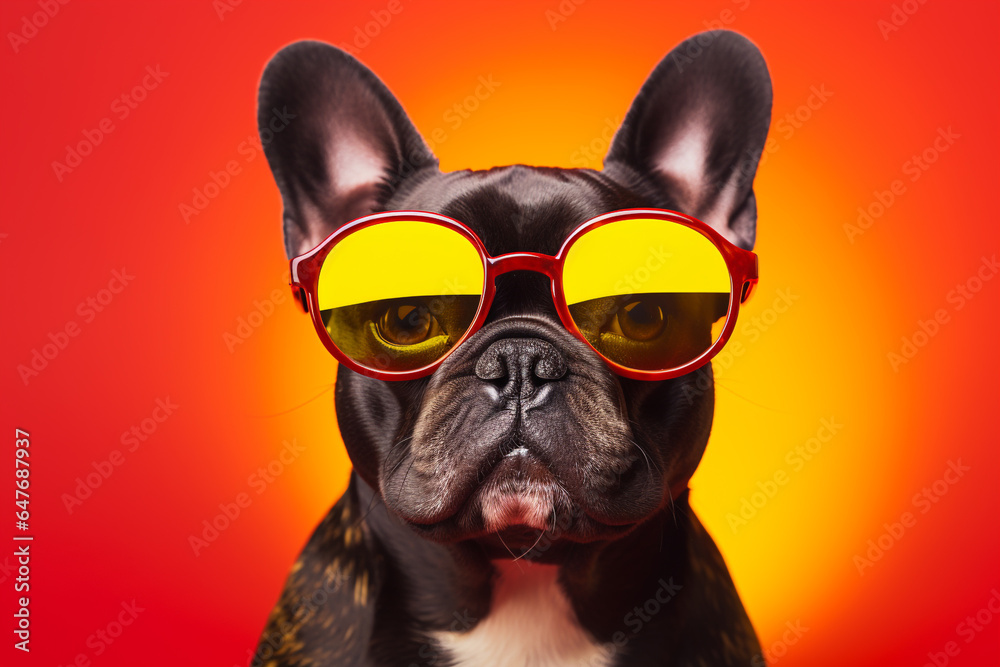 Creative french bulldog animal wearing glasses with colourful background.