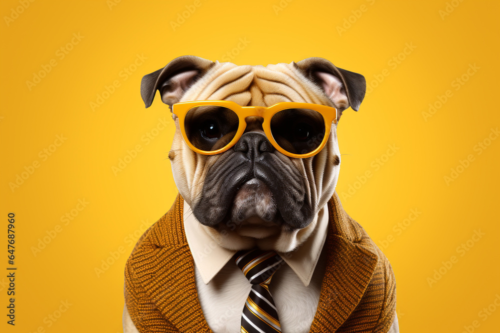 Creative french bulldog animal wearing glasses with colourful background.