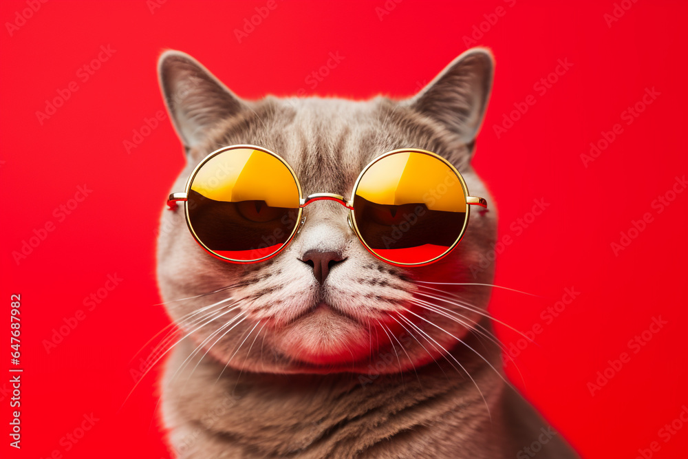 Creative cute cat wearing glasses with colorful background
