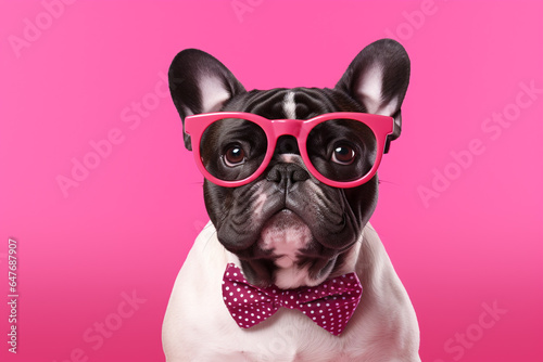 Creative french bulldog animal wearing glasses with colourful background. © Golden House Images