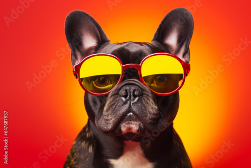 Creative french bulldog animal wearing glasses with colourful background. © Golden House Images