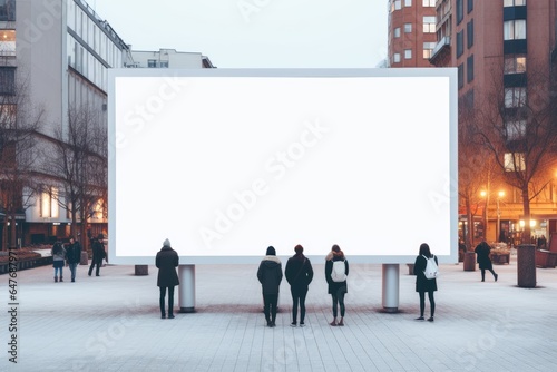 blank billboard on winter city alley. People looking at poster on street