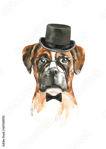 Watercolor dog breed boxer illustration  cute cool dog head hipster portrait in clothes  glasses  top hat  realistic funny dog in costume  classic  peaky blinders  sunglasses print  sticker  baby pup