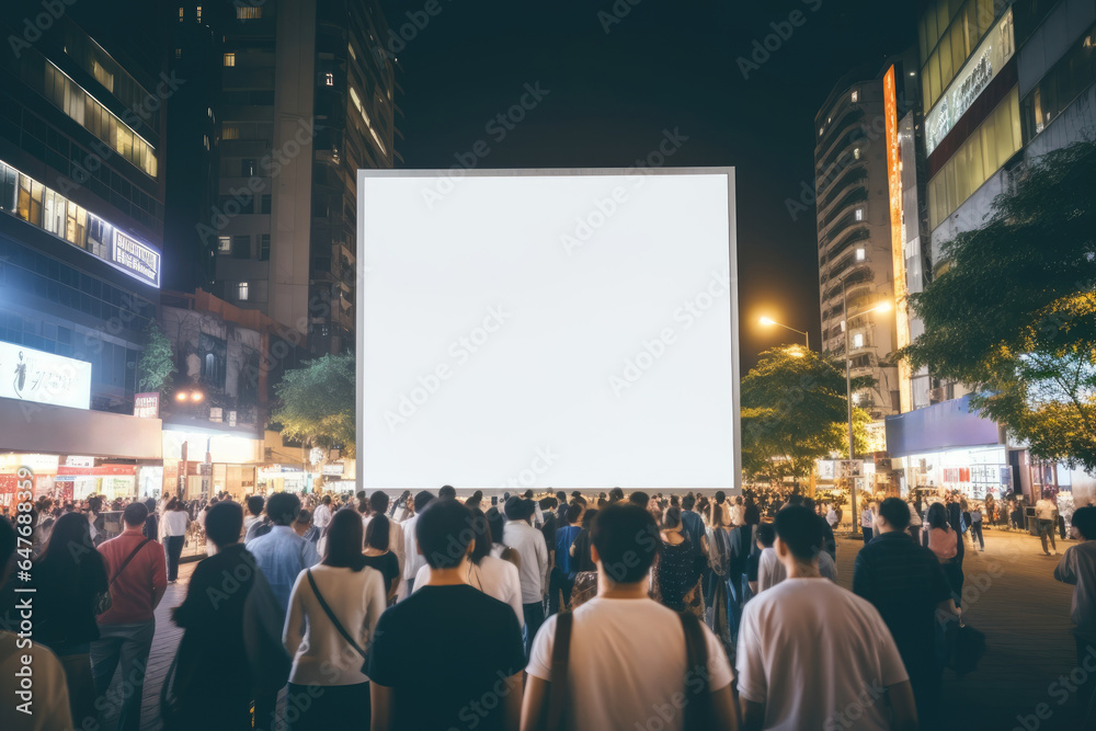 many people looking at blank LED billboard mockup in night city street many people looking at blank LED billboard mockup in night city street