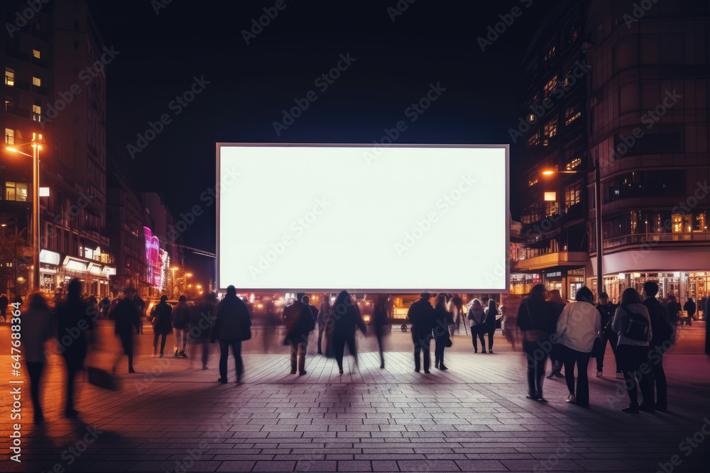 many people looking at blank LED billboard mockup in night city street many people looking at blank LED billboard mockup in night city street