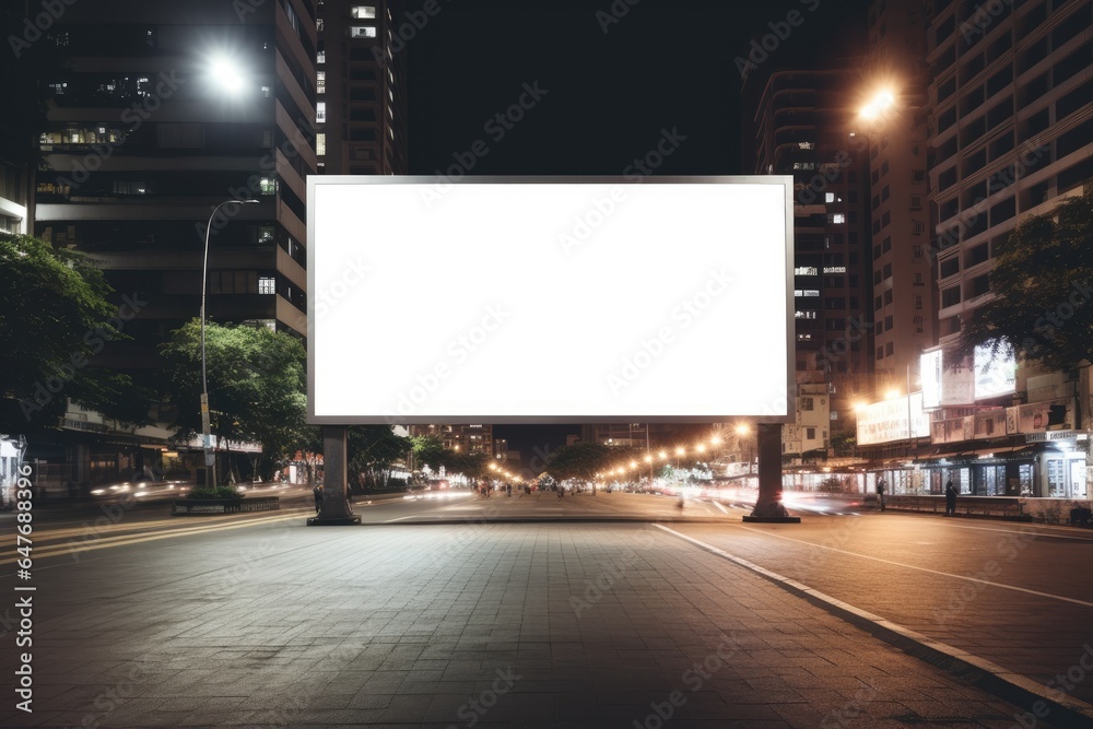 night city blank billboard mockup. Large empty LED display in urban setting